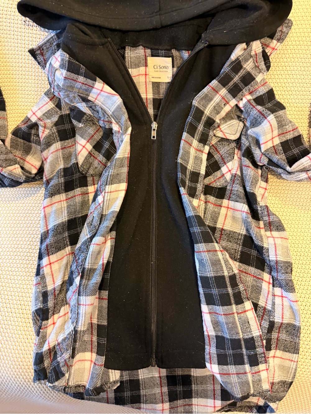 Ci Sono Black, Gray and White Plaid Hooded Shirt with Red Accent